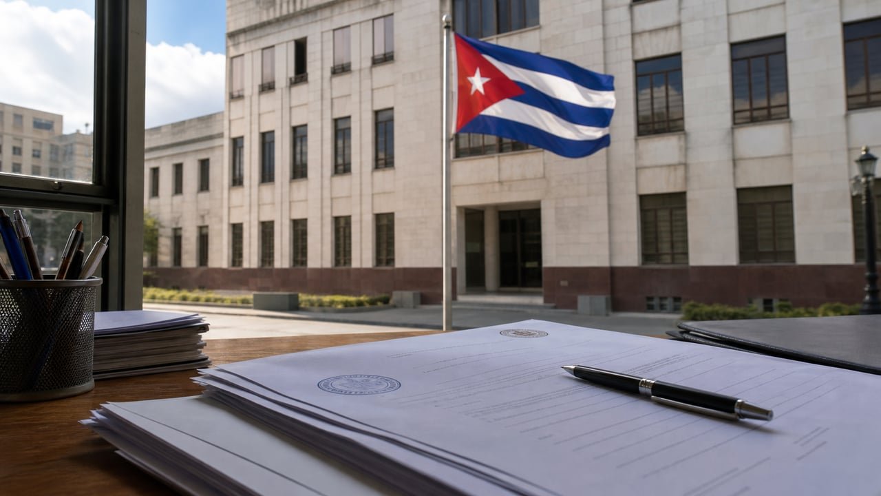 Bandera de Cuba y documentos oficiales que representan el nuevo reglamento de inversión extranjera