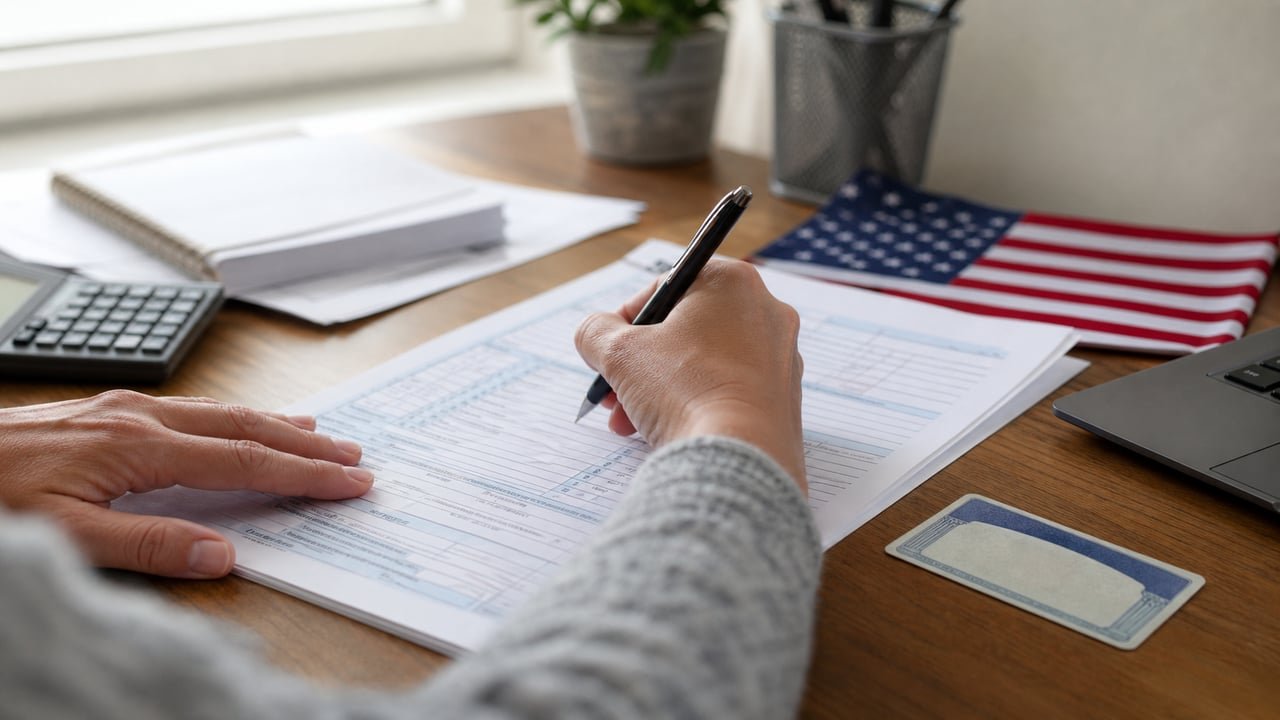 Formulario de impuestos 1040 y bandera de Estados Unidos sobre un escritorio, sobre la propuesta del IRS para limitar créditos fiscales reembolsables según el estatus migratorio