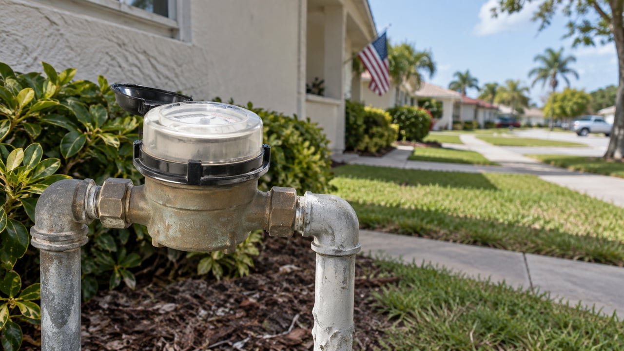 Medidor de agua residencial en un vecindario de Hialeah, Florida, símbolo de la rebaja en las tarifas de agua anunciada para miles de familias cubanas