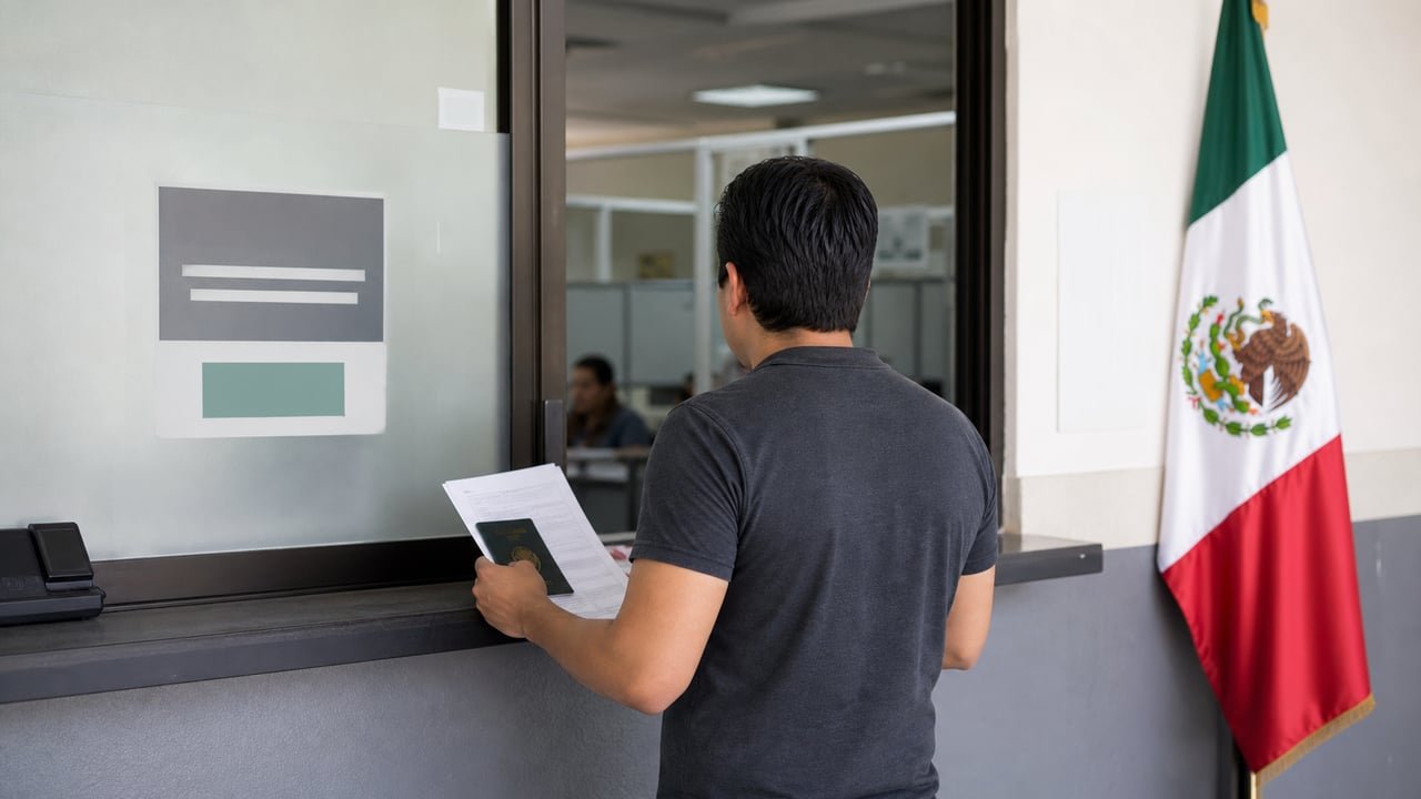 Persona realiza el trámite de renovación de su documento migratorio en una oficina del INM en México con bandera mexicana