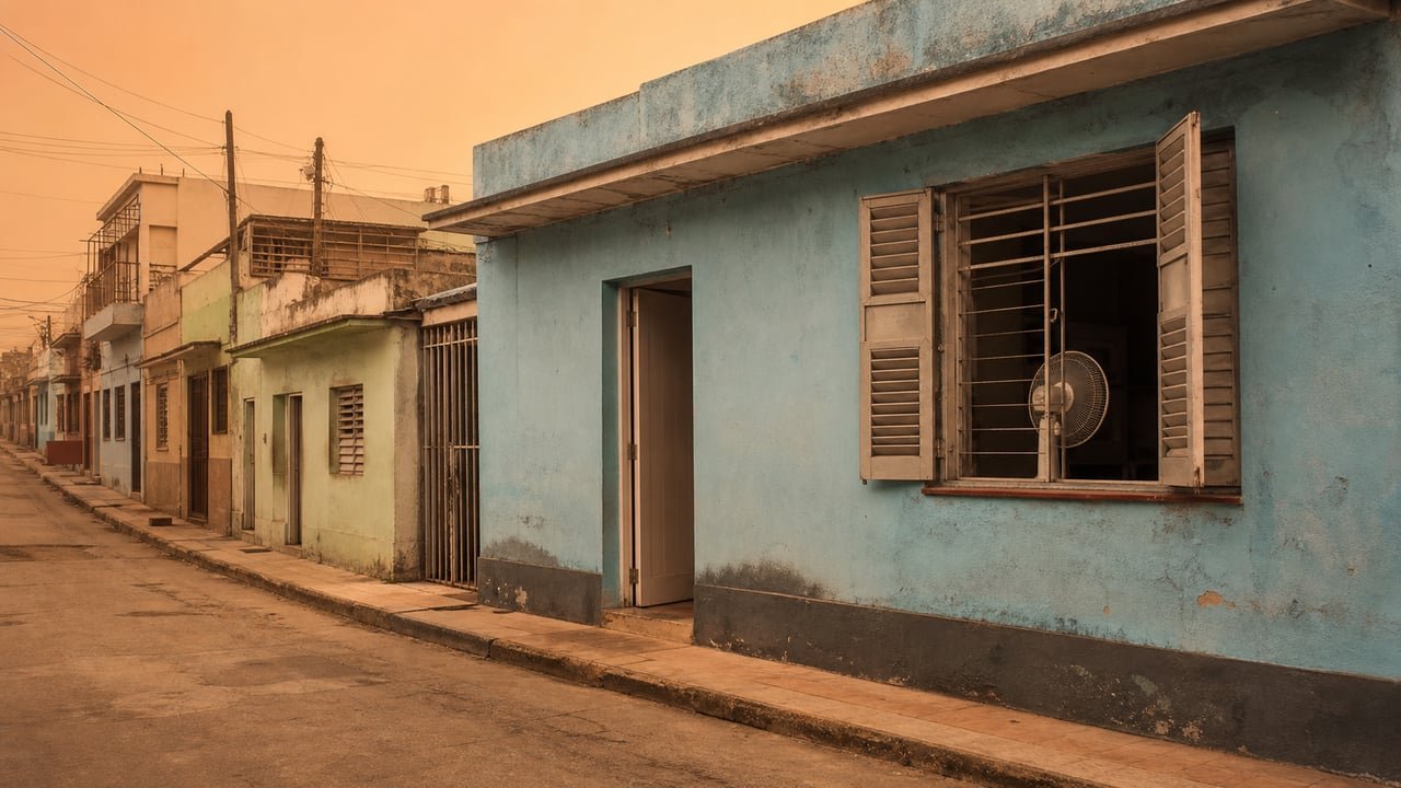 Calle de Cuba con cielo anaranjado por el polvo del Sahara durante un apagón, sin aire acondicionado en las viviendas