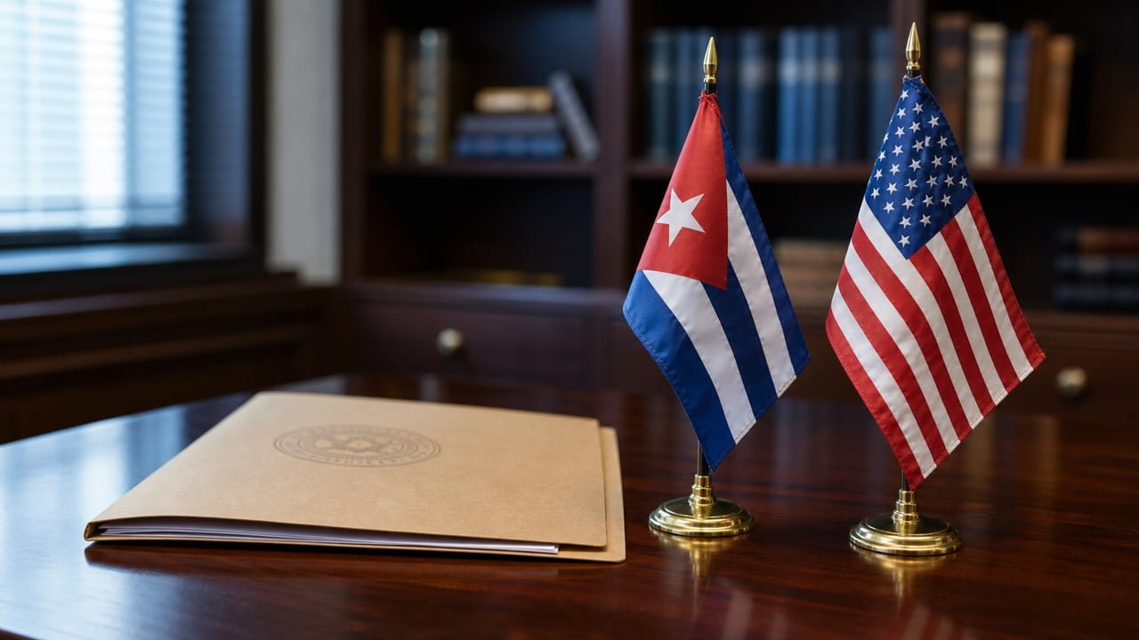 Banderas de Cuba y Estados Unidos junto a una carpeta confidencial, ilustrando el informe sobre los vínculos de Code Pink y The People's Forum con La Habana
