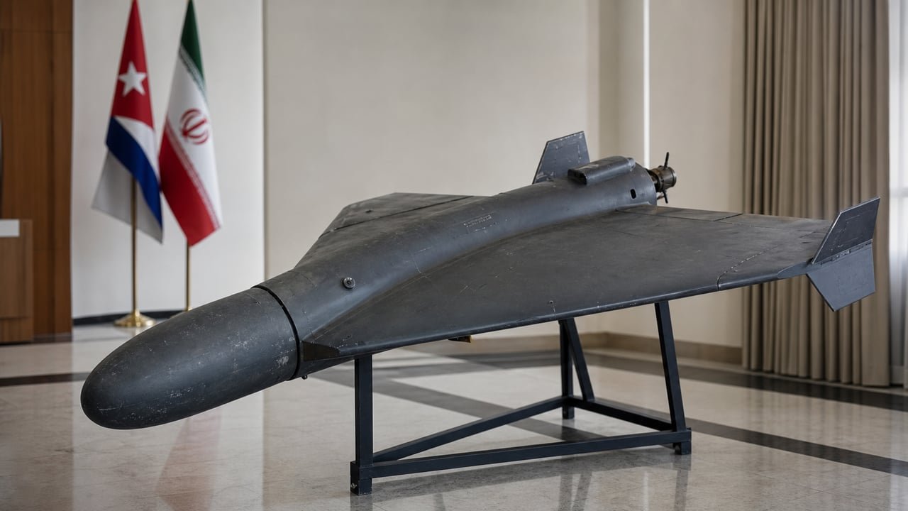 Dron militar Shahed-136 de fabricación iraní, símbolo de la alerta sobre drones atribuidos a Cuba