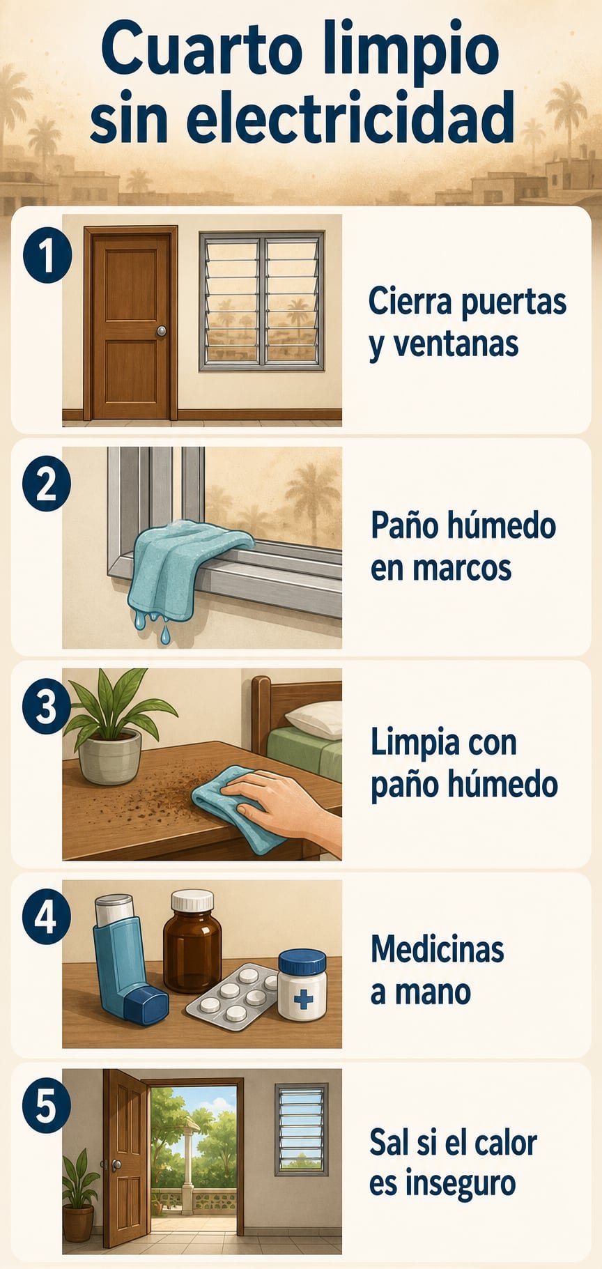 Infografía con los pasos para armar un cuarto limpio sin electricidad ante el polvo del Sahara en Cuba