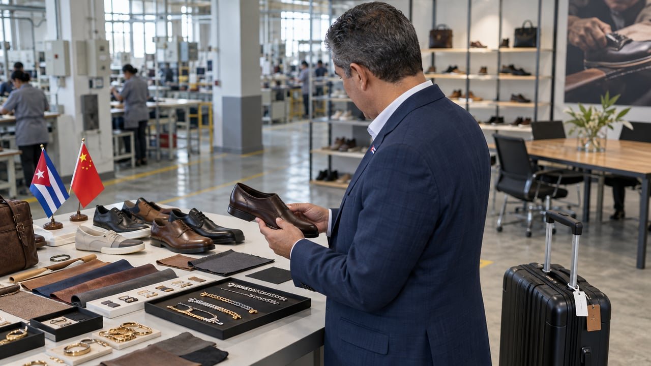 Empresario cubano revisa muestras de mercancía en una fábrica china durante un viaje de negocios para buscar proveedores, con banderas de Cuba y China de fondo