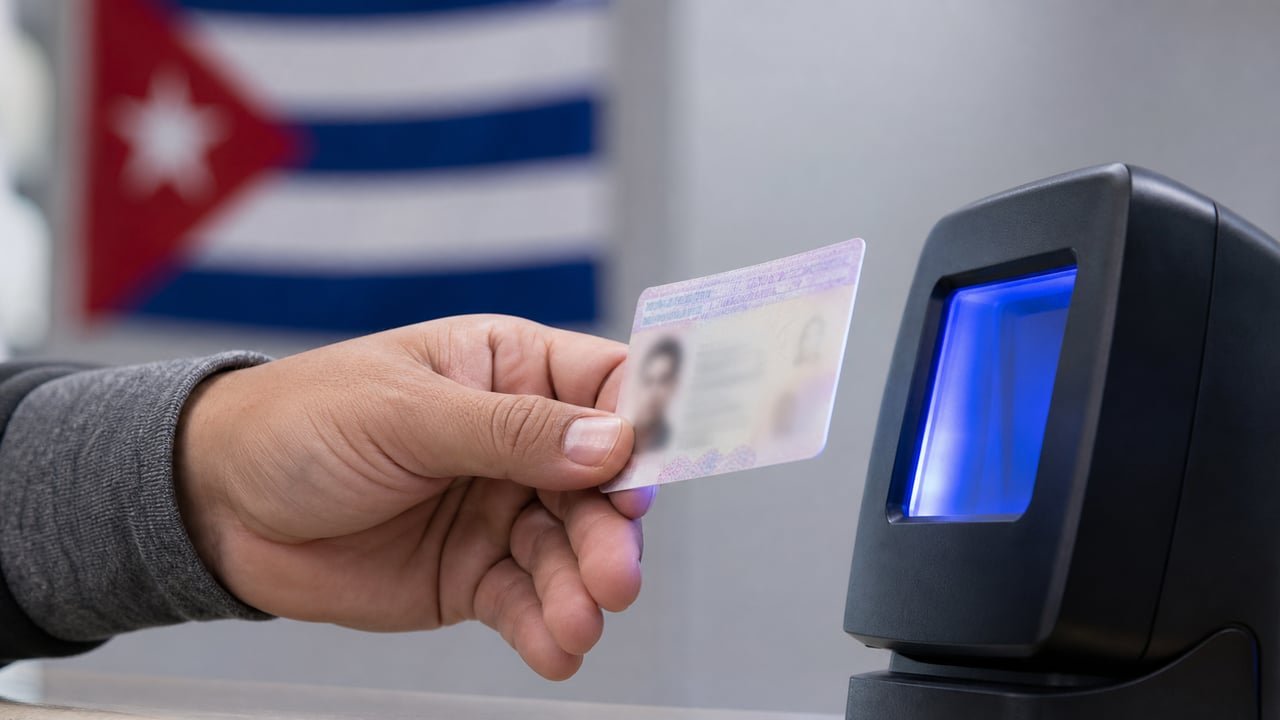 Carné de identidad cubano frente a un escáner biométrico, la ley que da el control de datos biométricos al Minint en Cuba