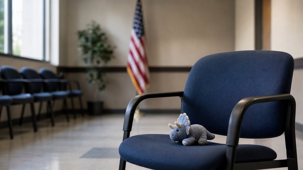 Silla vacía con juguete infantil en una oficina de inmigración de EE. UU., en alusión a la detención de una cubana con I-220A en Texas