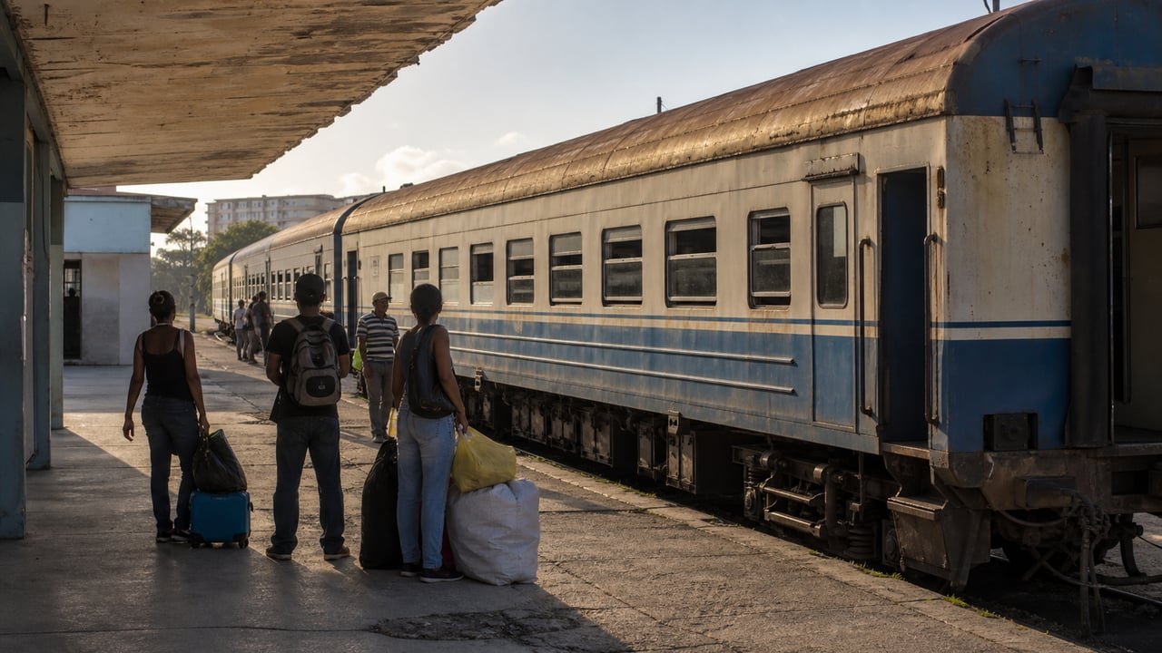 Trenes nacionales en Cuba: pasajeros esperan con maletas en un andén tras el recorte de rutas hacia el oriente