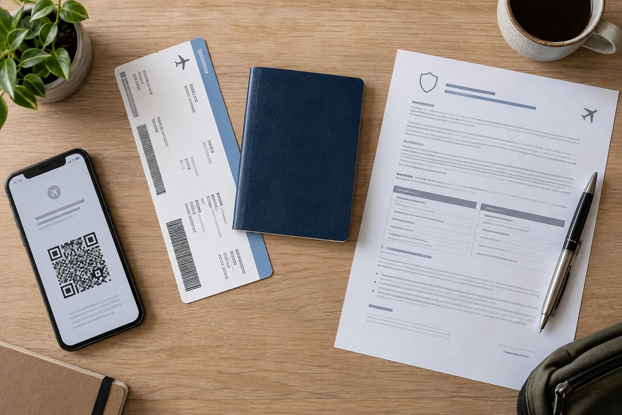 Documentos de viaje sobre una mesa: pasaporte, tarjeta de embarque, código QR en móvil y póliza de seguro, requisitos para en
