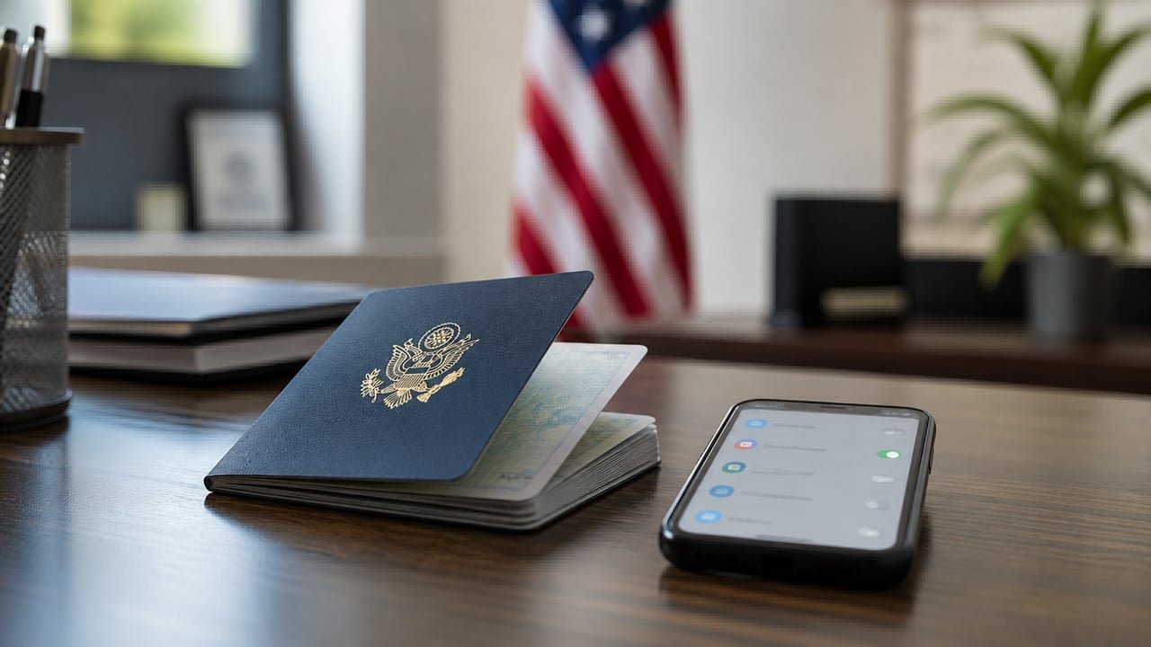 Pasaporte de Estados Unidos y teléfono con configuración de privacidad, símbolo de la revisión de redes sociales en las visas americanas
