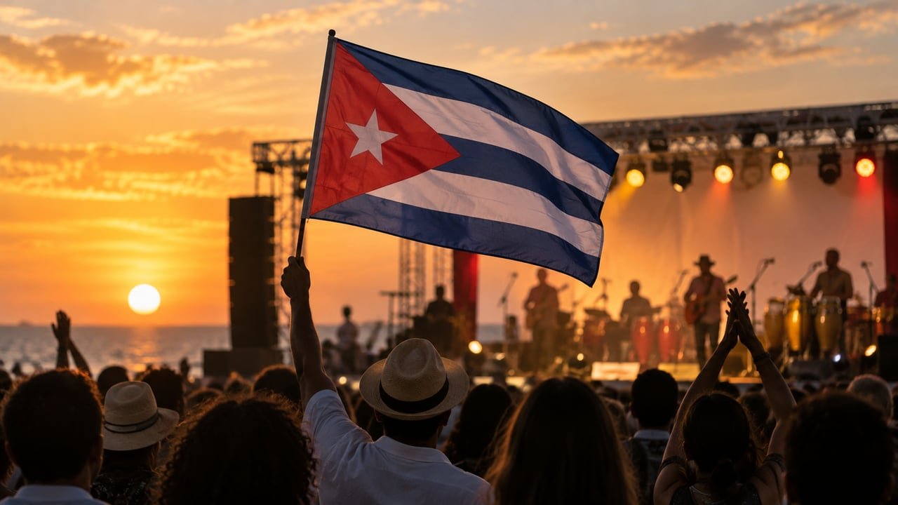 Bandera cubana ondeando entre el público durante la agenda cultural cubana de octubre