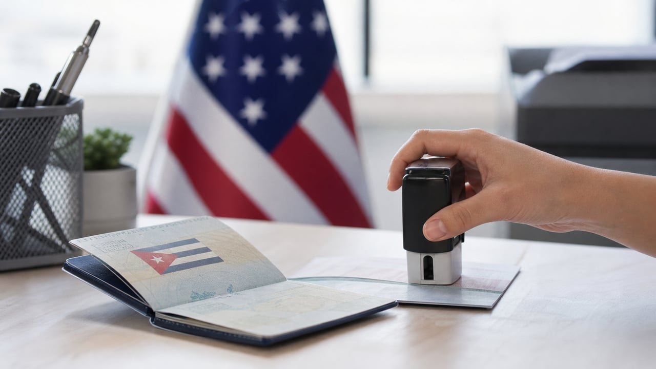 Pasaporte cubano y sello de trámite migratorio sobre un escritorio, ilustrando las visas canceladas en EE.UU. que afectan a cubanos