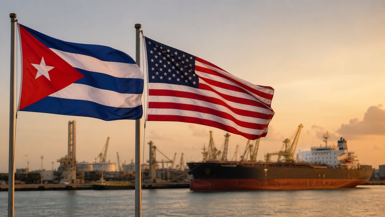 Banderas de Cuba y Estados Unidos junto a un petrolero en un puerto, en referencia a la prórroga del embargo a Cuba firmada por Trump