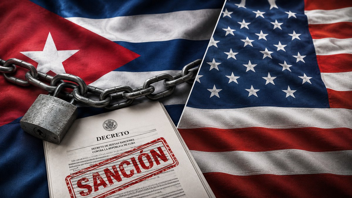 Empresas cubanas sancionadas por OFAC en junio de 2026, representadas por un edificio bancario estatal en una calle de La Habana