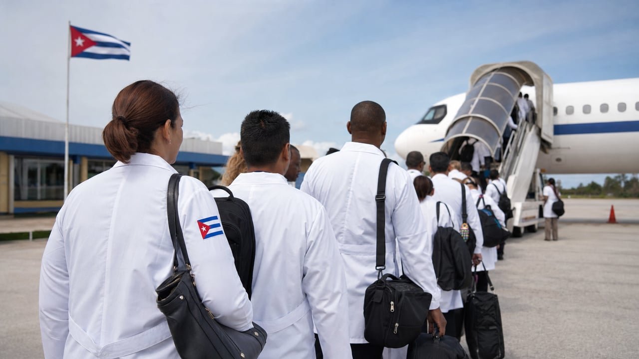 Médicos cubanos hacen fila para embarcar en una misión médica en el exterior, foco de las nuevas sanciones de Estados Unidos a la Comercializadora de Servicios Médicos Cubanos