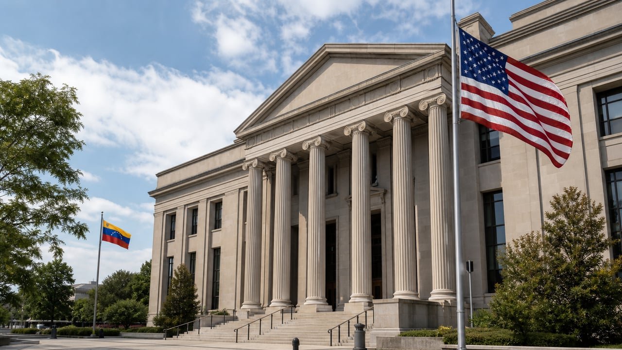 Tribunal federal de Estados Unidos con banderas de Estados Unidos y Venezuela, en referencia a la inmunidad judicial pedida para Delcy Rodríguez