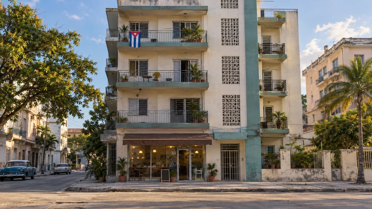 Edificio residencial con un negocio privado en Cuba, símbolo de la guía sobre invertir y comprar vivienda en Cuba desde el exterior
