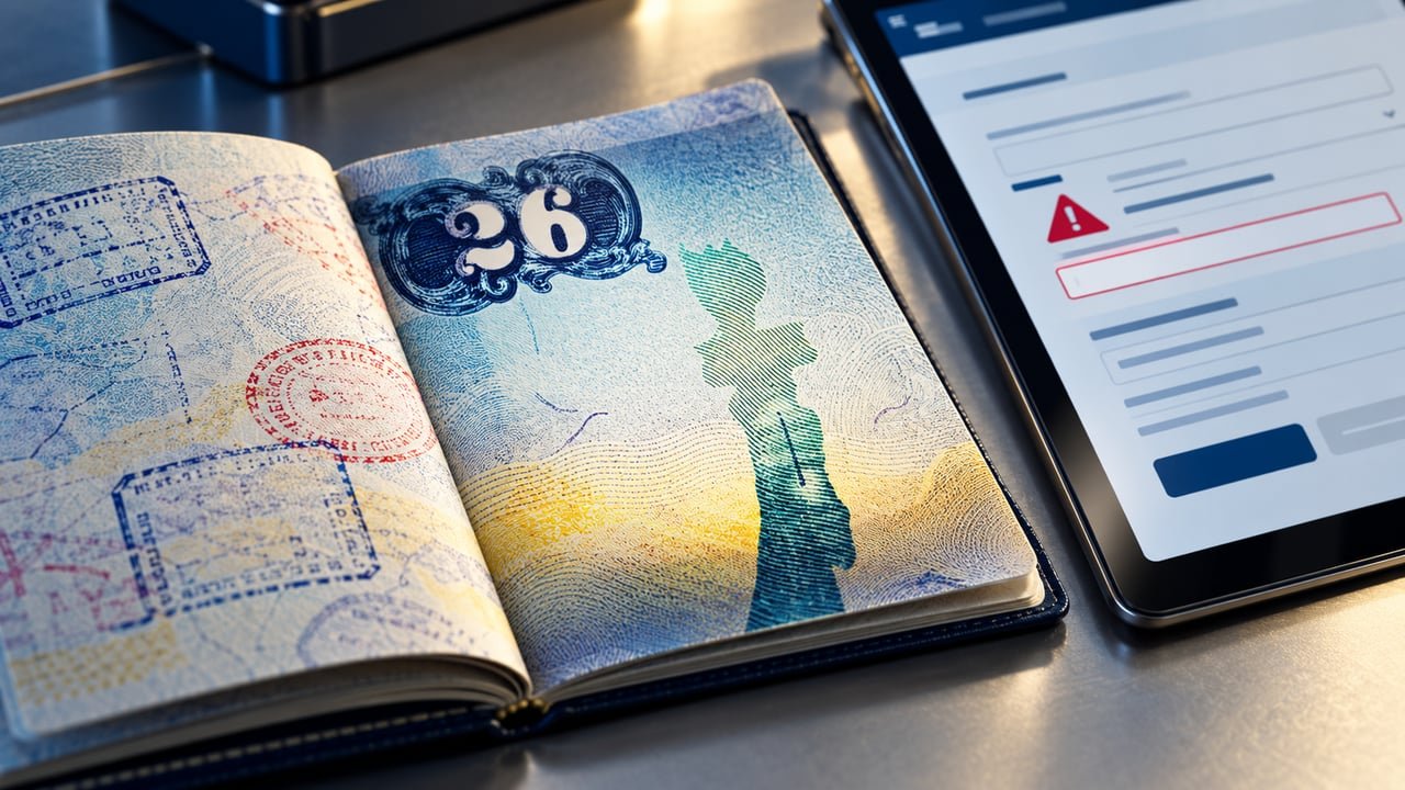 Pasaporte estadounidense con pagina de visa junto a un formulario digital para denunciar fraude de visas