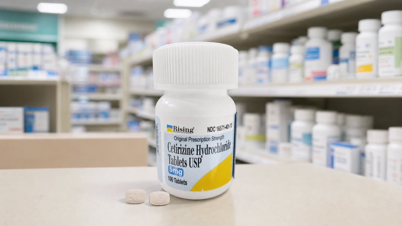 Frasco y tabletas de cetirizina de 5 mg del lote retirado por la FDA en Estados Unidos por posible contaminación con ranitidina