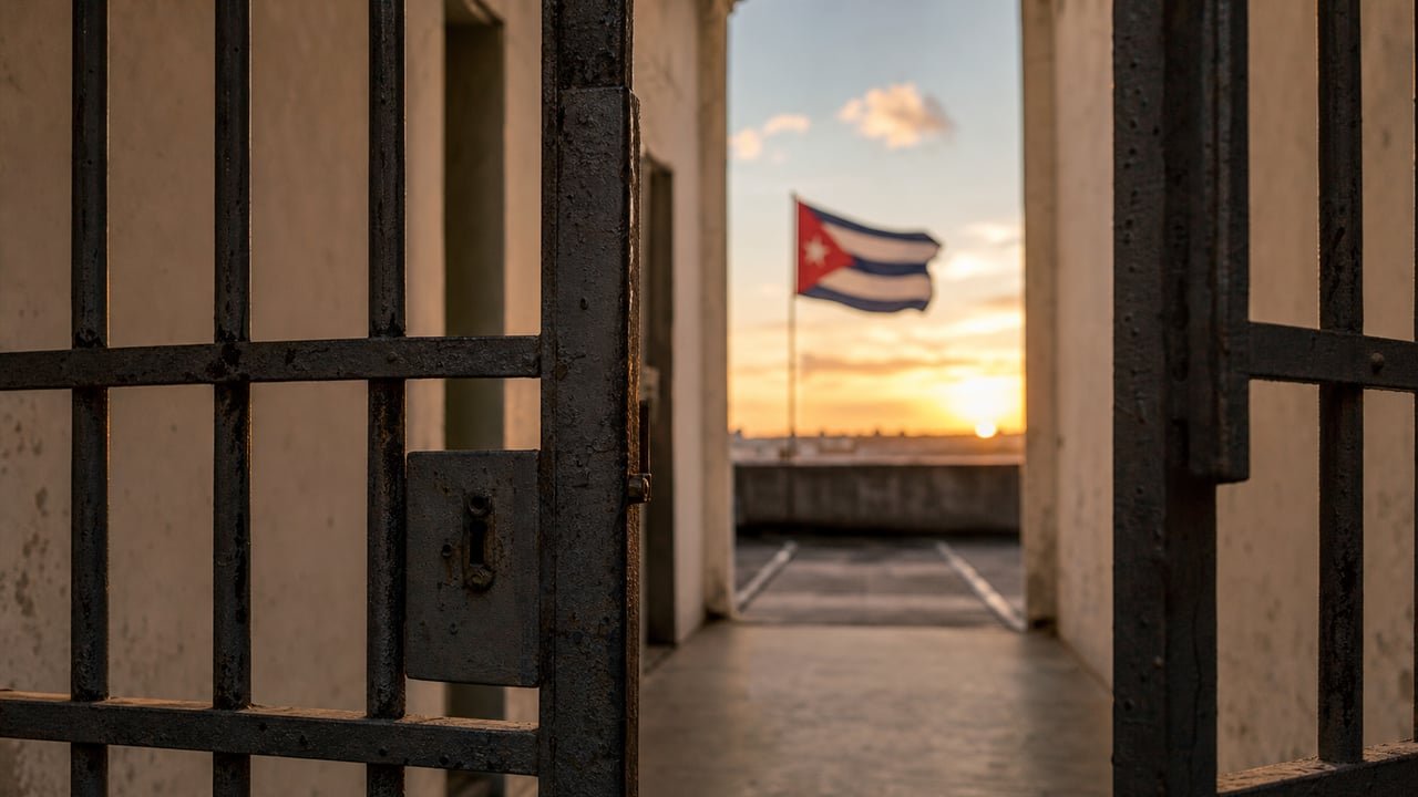 Reja de una prisión en Cuba con la bandera cubana al fondo, símbolo de la liberación del preso del 11J Aníbal Palau Jacinto