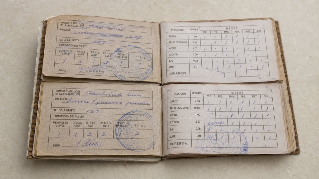 Libreta de abastecimiento cubana abierta mostrando el registro mensual de productos normados