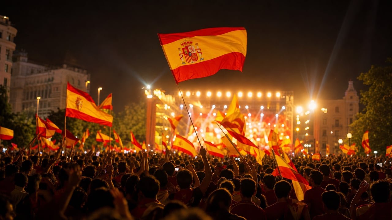 Multitud con banderas de España celebrando el título del Mundial 2026 en Madrid mientras suena un tema de reparto cubano
