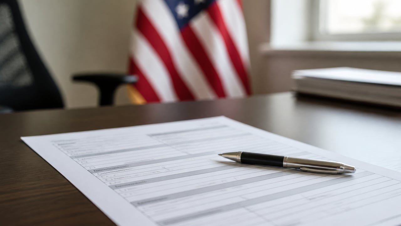 Formulario migratorio de Estados Unidos sobre un escritorio con la bandera estadounidense de fondo, en referencia al nuevo requisito de USCIS para el permiso de trabajo