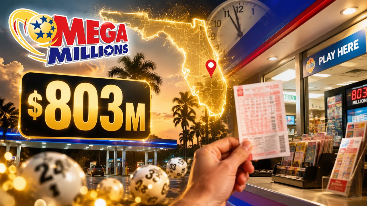 Boleto de lotería y bolas numeradas frente a una tienda de conveniencia en Florida, escenario del premio de Mega Millions de 803 millones de dólares