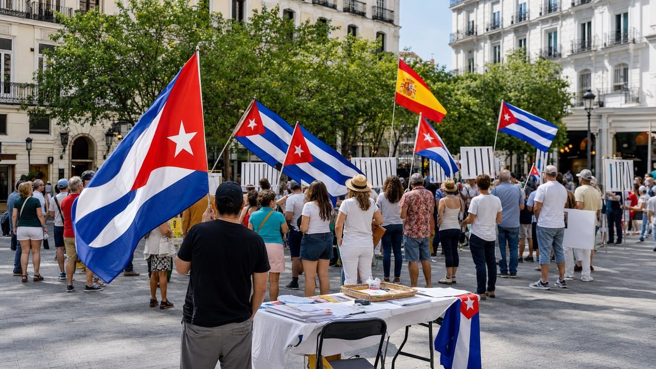 Cubanos del exilio se concentran con banderas cubanas por el quinto aniversario del 11J en Madrid