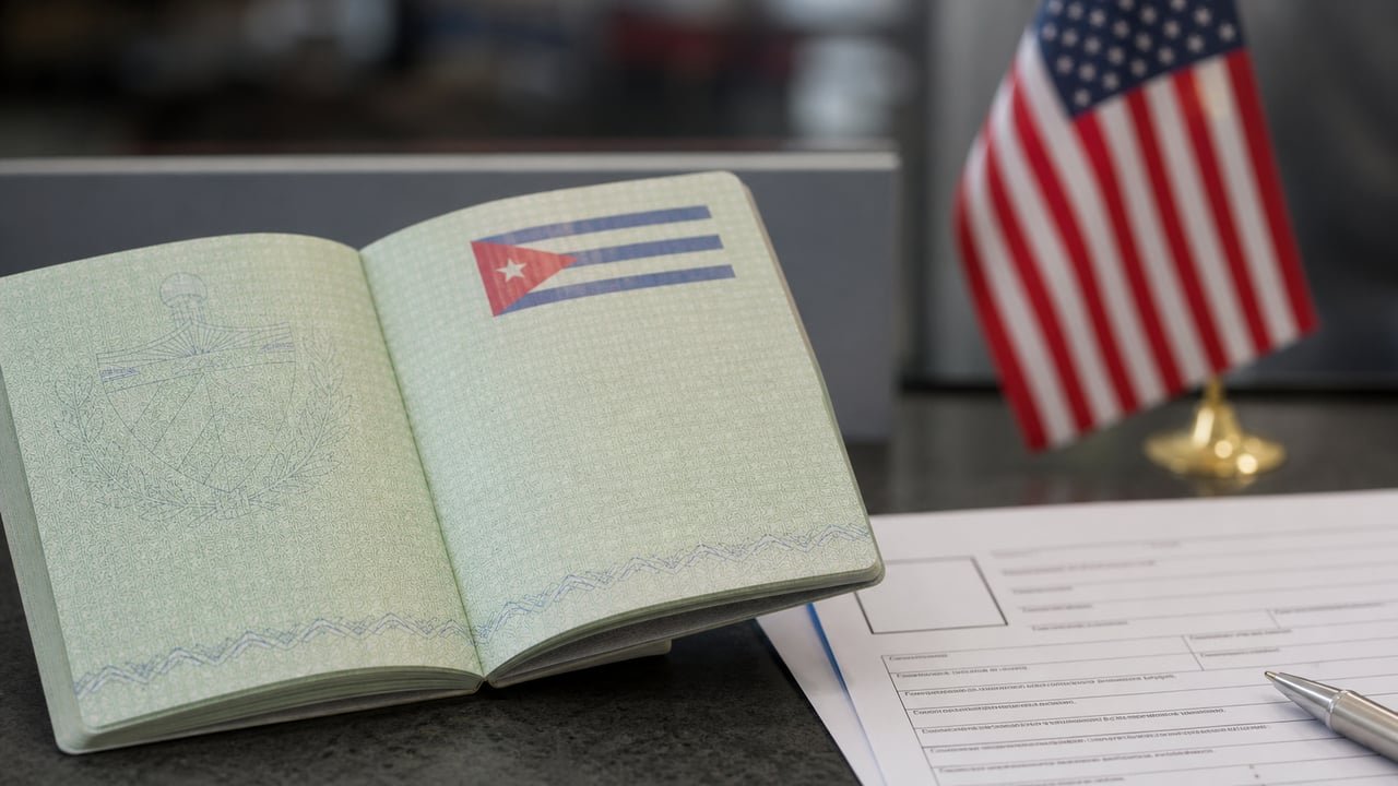 Pasaporte cubano junto a un formulario de visa de Estados Unidos, símbolo del nuevo trámite para los cubanos que viven en el exterior