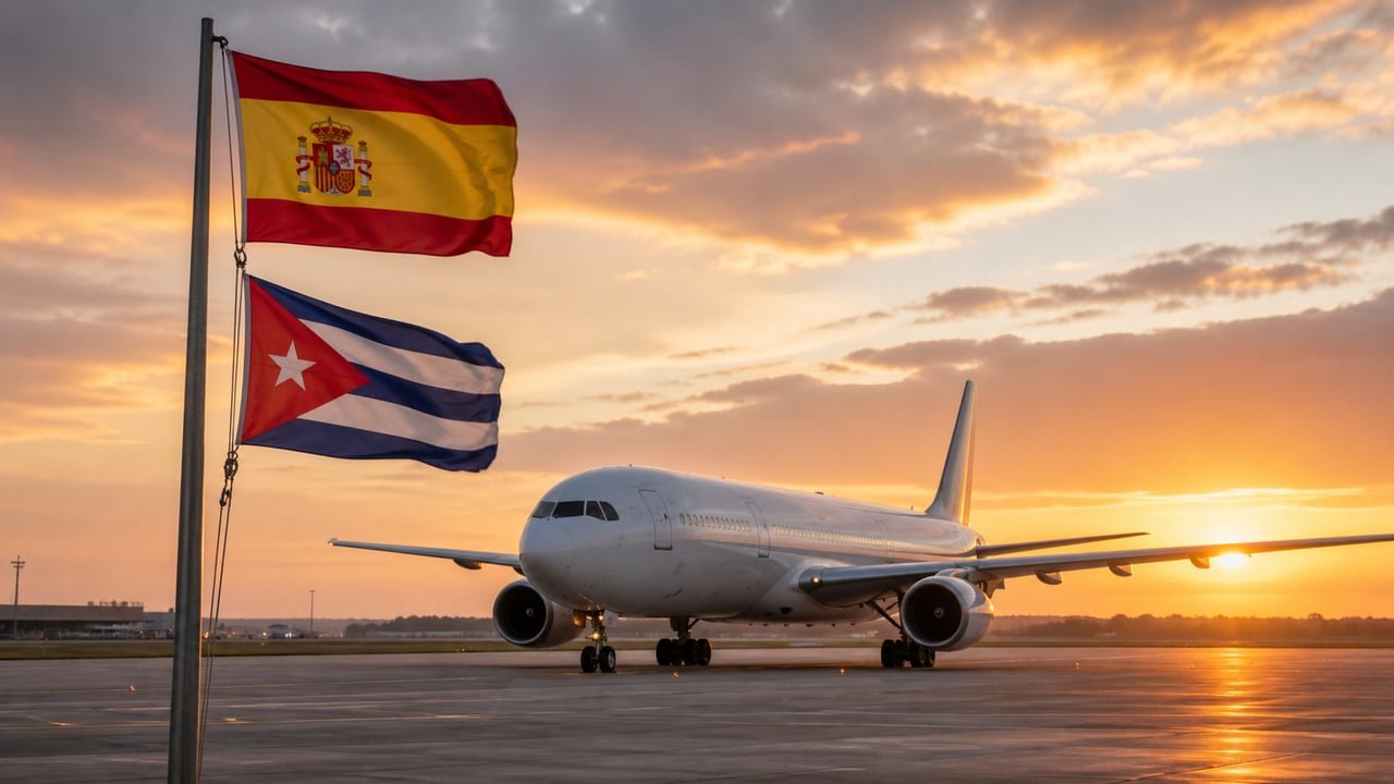 Avión en la pista de un aeropuerto con banderas de España y Cuba, símbolo de los vuelos a Cuba tras la suspensión de Iberia