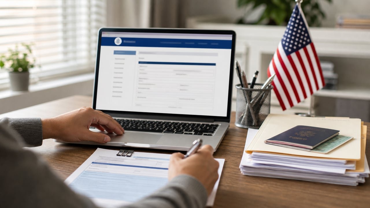 Persona completando el formulario G-325R de USCIS para el registro obligatorio de extranjeros en Estados Unidos