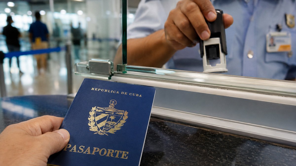 Pasaporte cubano azul sobre el mostrador siendo entregado a personal para sellado