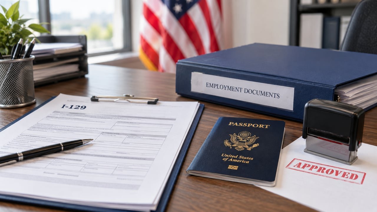 Formulario de visa de trabajo H-1B y sello de inmigración de Estados Unidos, sobre la propuesta de DHS para cambiar las renovaciones