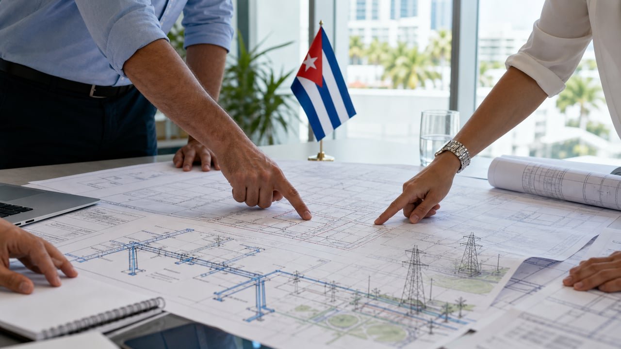 Planos de infraestructura y bandera cubana sobre una mesa, ilustrando cuánto costaría reconstruir Cuba