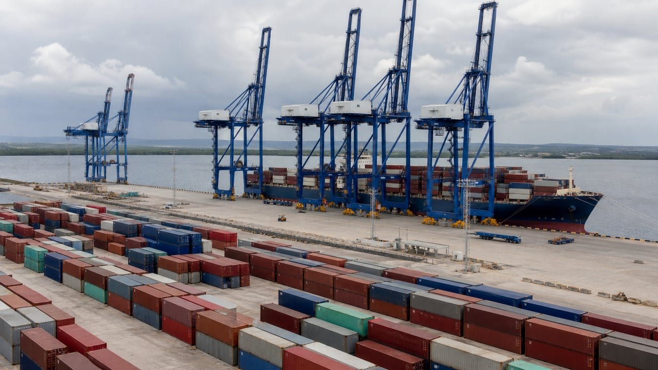 Terminal de contenedores del puerto del Mariel en Cuba con grúas y contenedores apilados