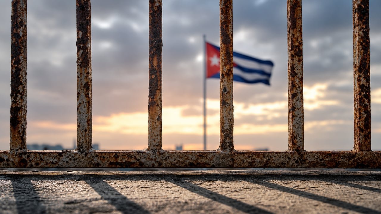 Reja de una prisión en Cuba con la bandera cubana desenfocada al fondo, símbolo de los presos políticos a cinco años del 11J