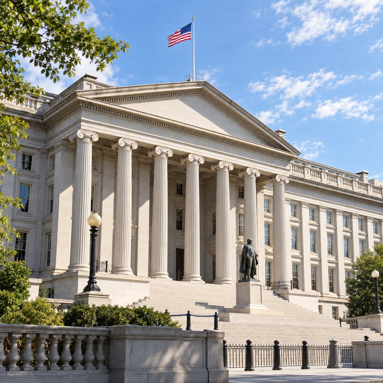 Edificio del Departamento del Tesoro de Estados Unidos en Washington con columnas neoclásicas y bandera estadounidense
