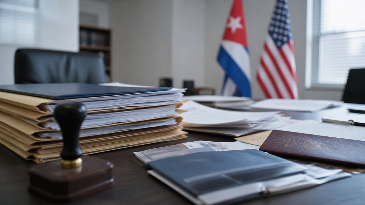 Expedientes migratorios apilados en una oficina, ilustrando el fraude migratorio con ESTA que afectó a cubanos en Tampa