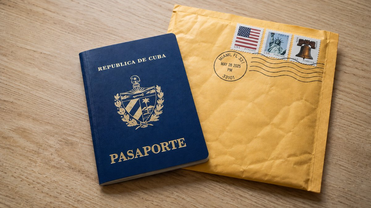 Pasaporte cubano junto a un sobre postal de Estados Unidos para renovar el pasaporte cubano a distancia