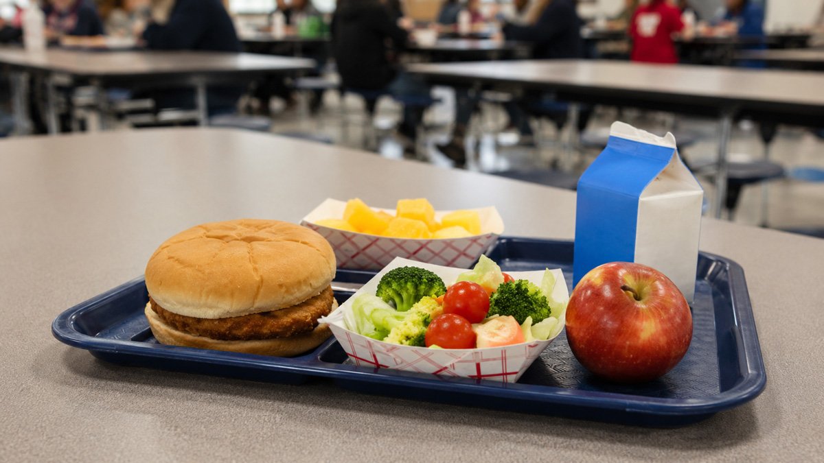 Estudiantes en la fila de una cafetería escolar pública de Miami-Dade durante el almuerzo escolar gratis