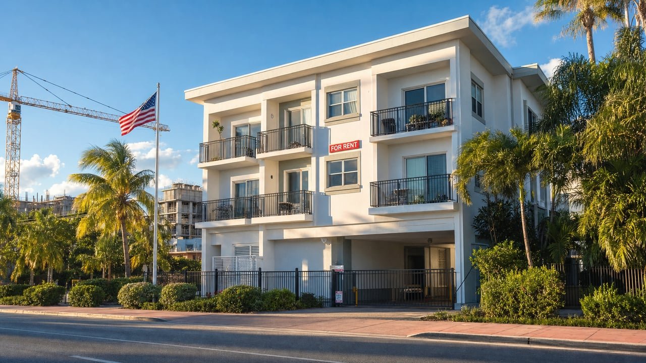Edificio de apartamentos en Miami con cartel de alquiler y grúa de construcción, símbolo de la nueva ley de vivienda en EE. UU. que afecta a los cubanos