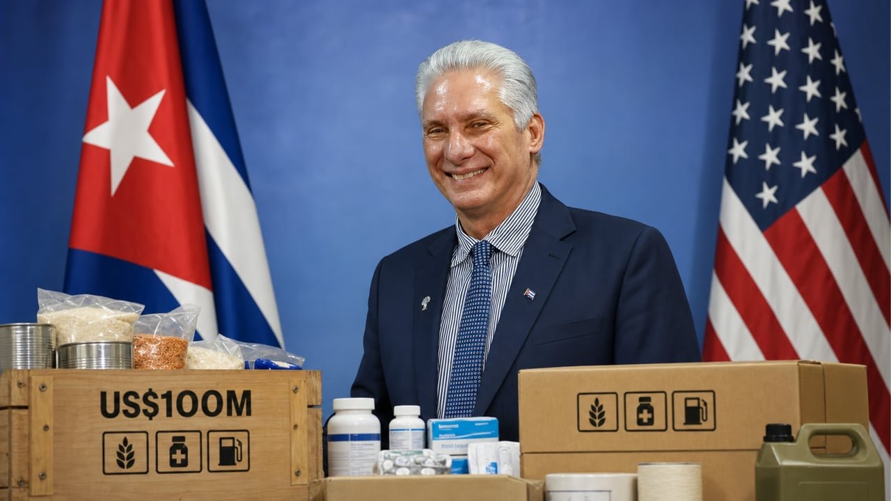Díaz-Canel junto a banderas de Cuba y Estados Unidos con símbolo de ayuda humanitaria de 100 millones de dólares