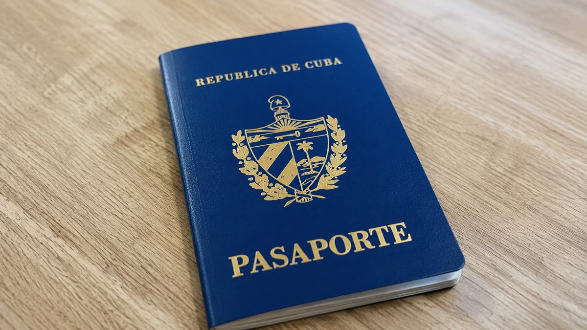 Pasaporte cubano de tapa azul con el escudo nacional sobre un escritorio, guía completa de precio, vigencia y trámites consulares en 2026