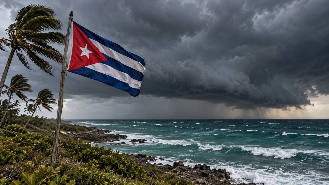 Cielo de tormenta sobre la costa de Cuba durante la temporada ciclónica, con la bandera cubana ondeando al viento
