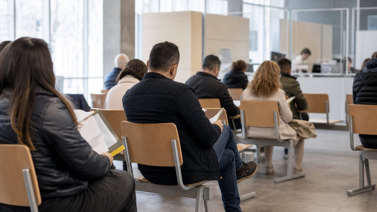 Sala de espera de una oficina de extranjería en España durante la regularización extraordinaria de cubanos