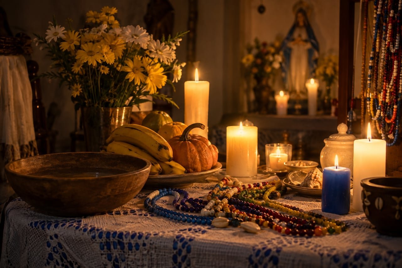 Altar de santería cubana con velas, frutas, flores y una figura religiosa que simboliza el sincretismo con el catolicismo