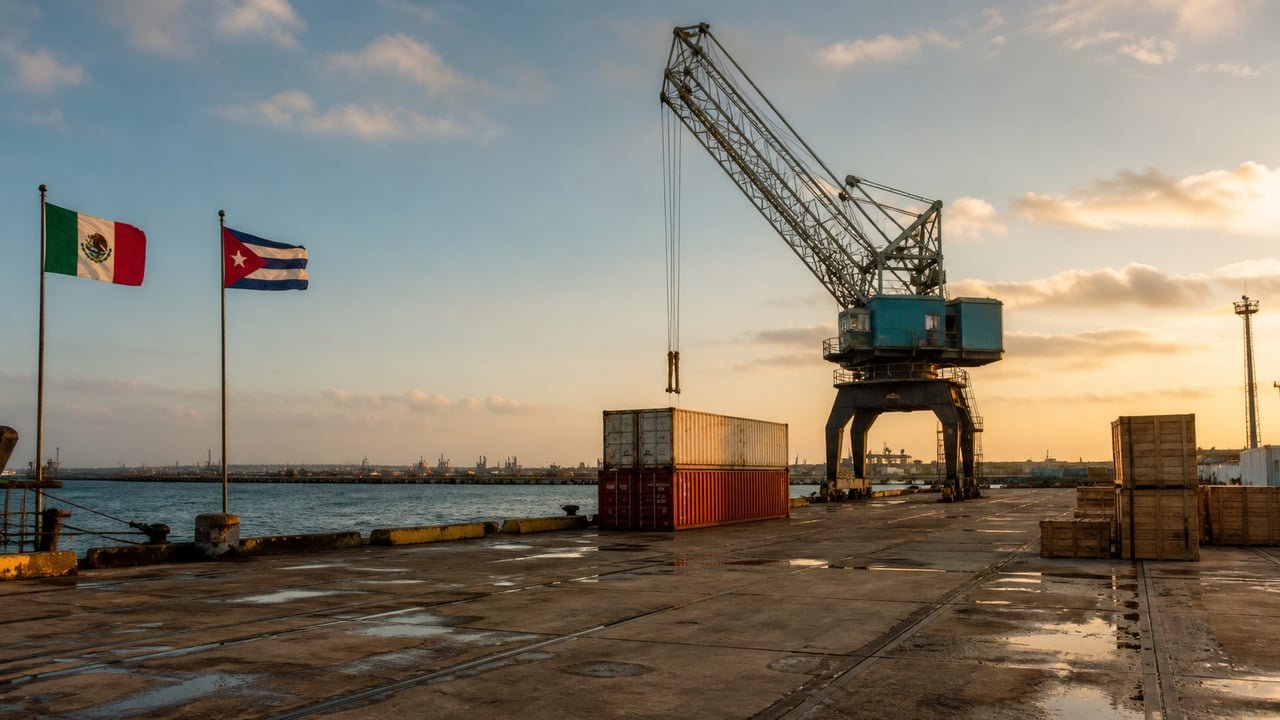Muelle de carga en Cuba con pocos contenedores junto a las banderas de México y Cuba, símbolo del desplome de las exportaciones mexicanas a la isla