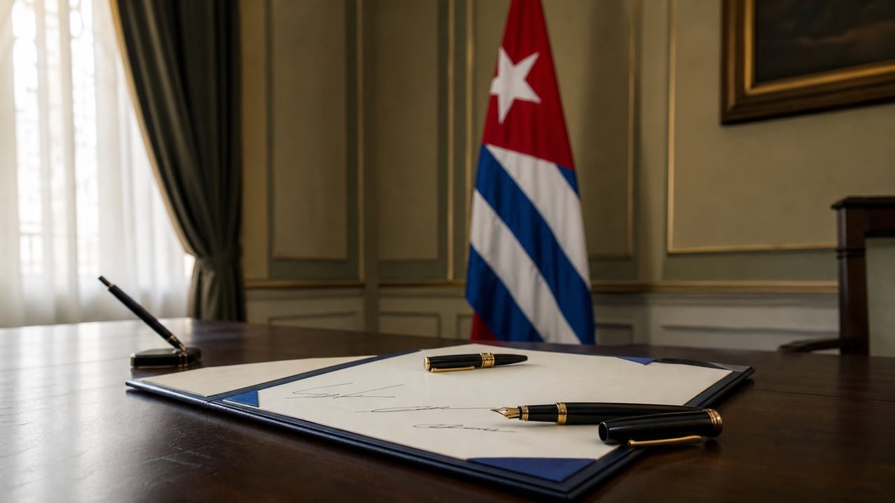 Documento firmado junto a una bandera cubana, símbolo del Acuerdo de Liberación por la transición democrática en Cuba