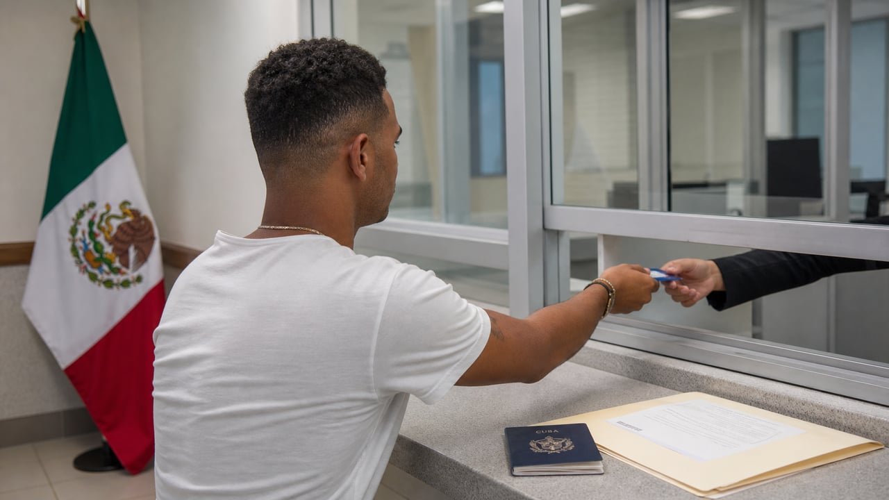 Cubano paga con tarjeta el canje de su documento migratorio en una oficina de migración en México con la bandera mexicana de fondo